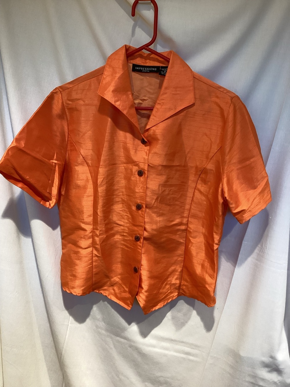 Impressions Orange Shiny Short Sleeve Button-Front Blouse